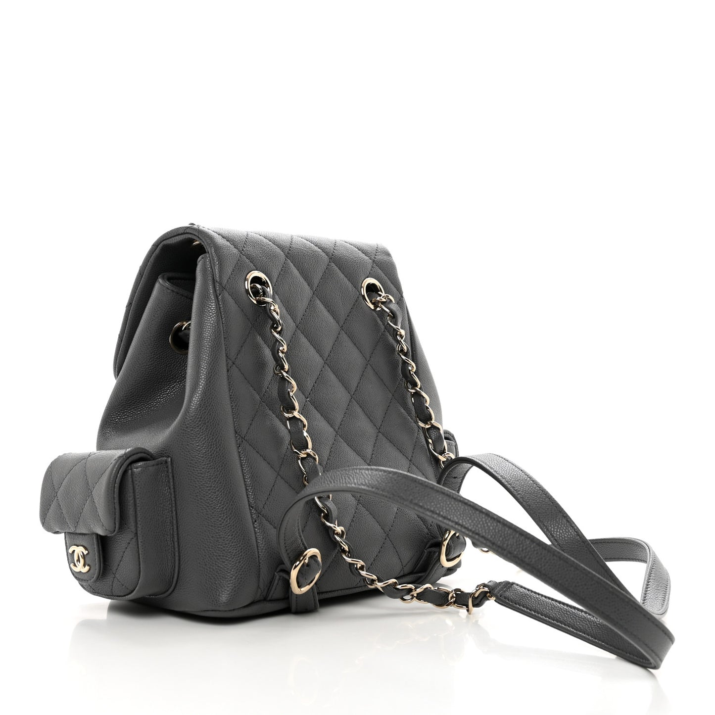 Shiny Caviar Quilted Pockets Drawstring Backpack Grey