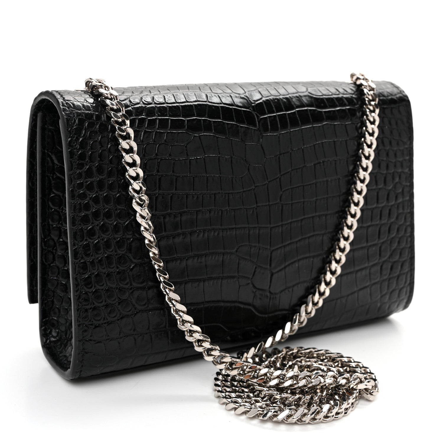 Saint Laurent Calfskin Crocodile Embossed Small Classic Monogram Kate Tassel Satchel Black 3 of 9