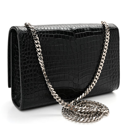 Saint Laurent Calfskin Crocodile Embossed Small Classic Monogram Kate Tassel Satchel Black 3 of 9