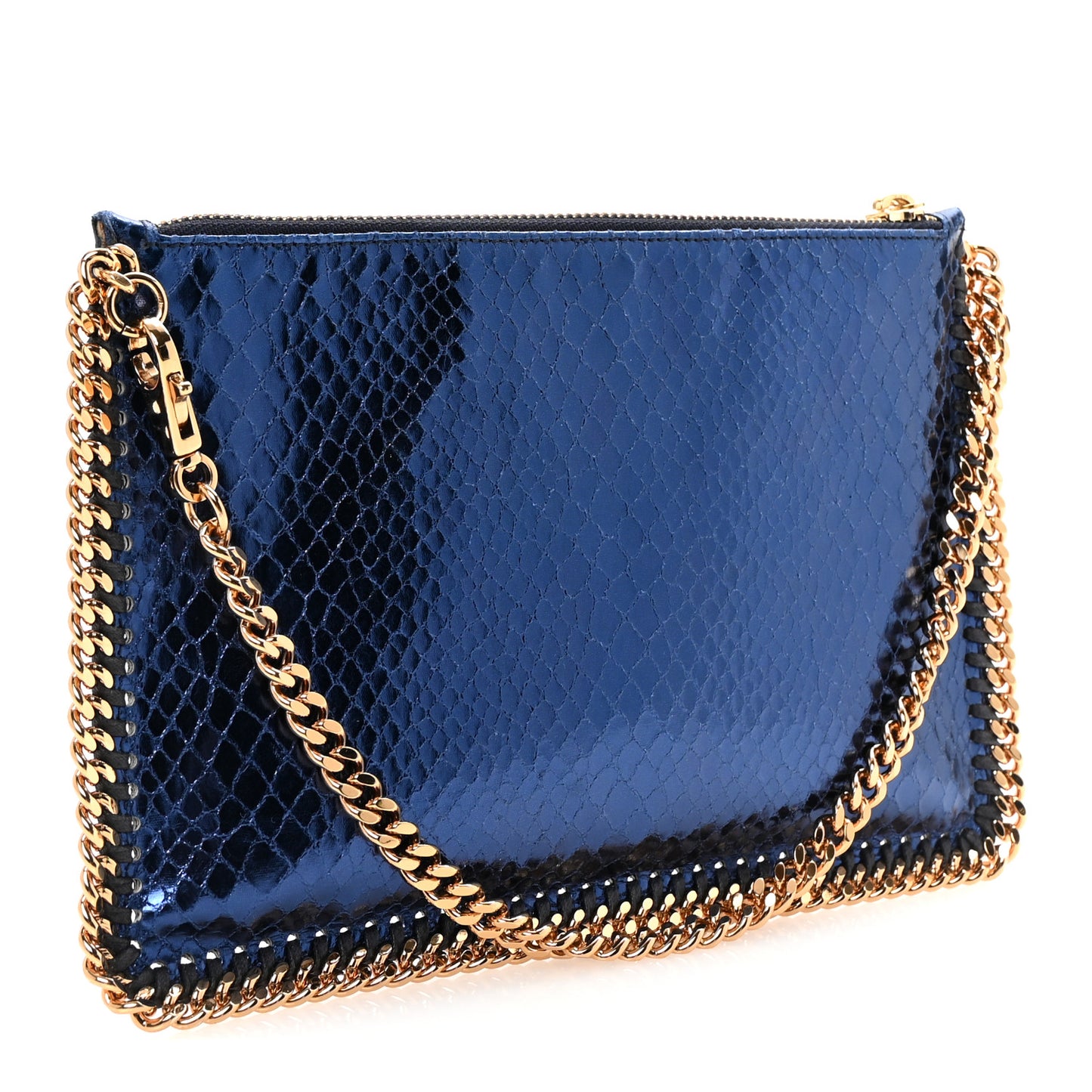 Metallic Faux Snakeskin Falabella Clutch Blue