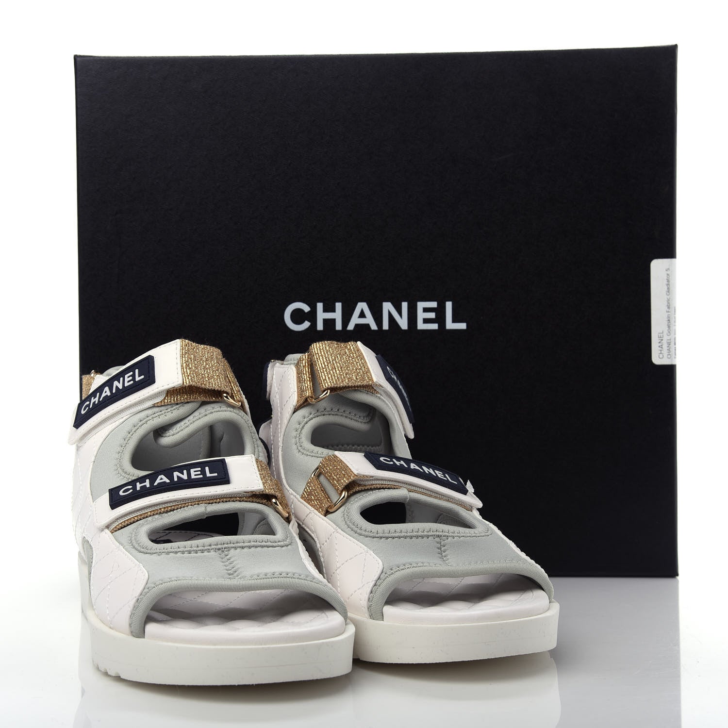 Chanel Goatskin Fabric Gladiator Sandals 37 White Light Grey Navy Blue 11 of 11