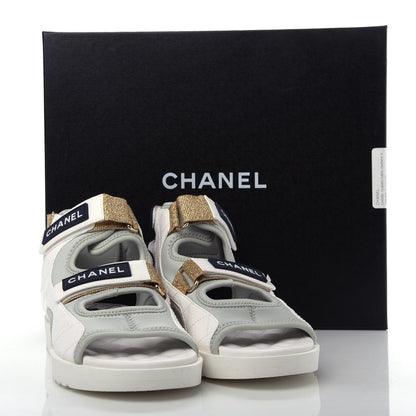 Chanel Goatskin Fabric Gladiator Sandals 37 White Light Grey Navy Blue 11 of 11