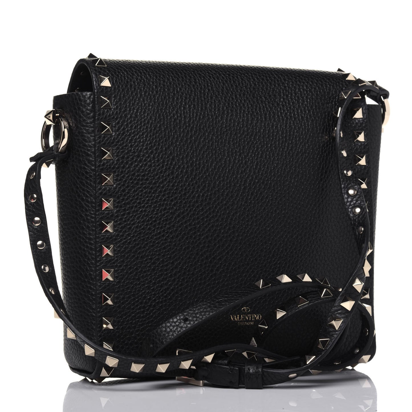 Pebbled Calfskin Rockstud Flip Lock Flap Messenger Black