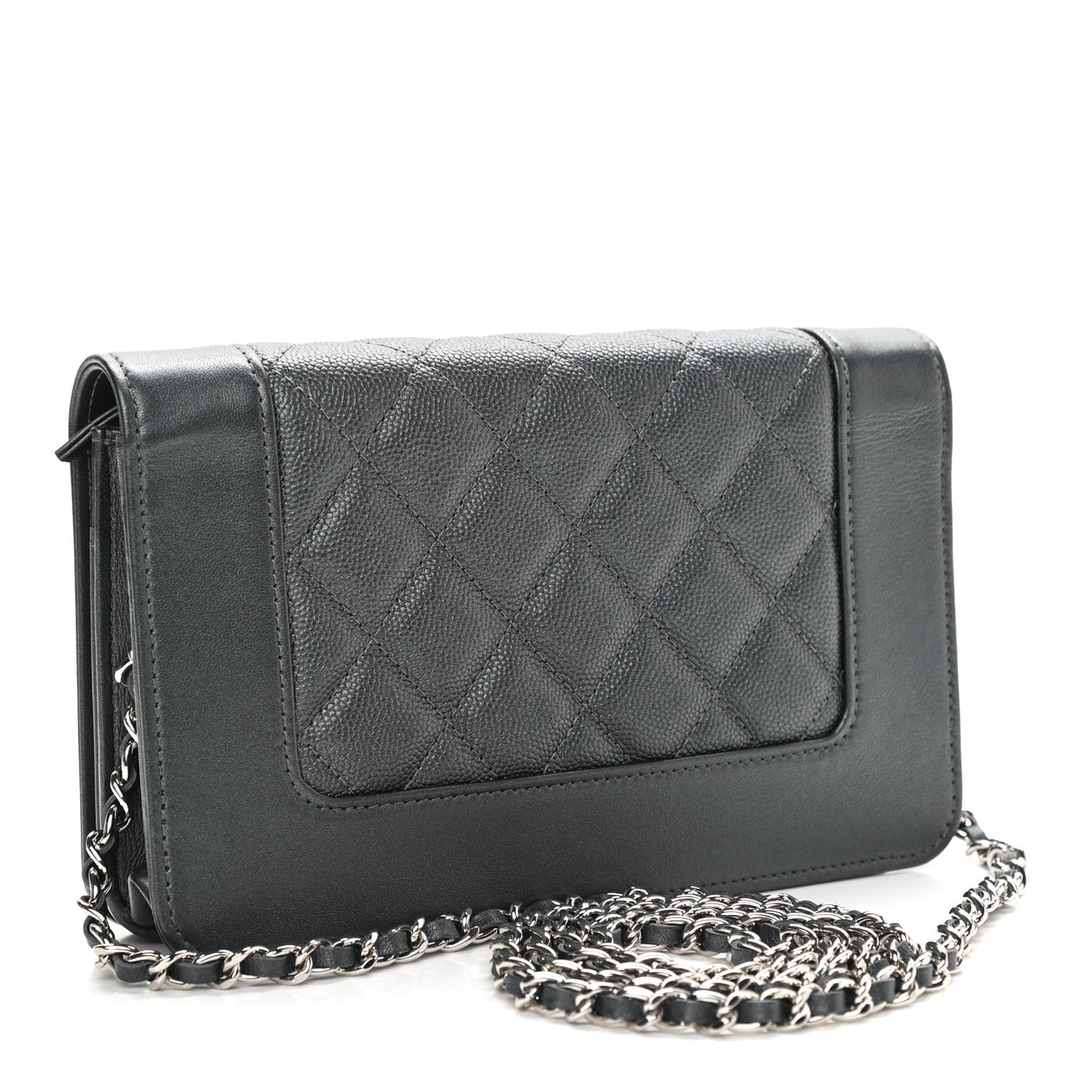Metallic Caviar Chevron Quilted Vintage Mademoiselle Wallet On Chain WOC Charcoal