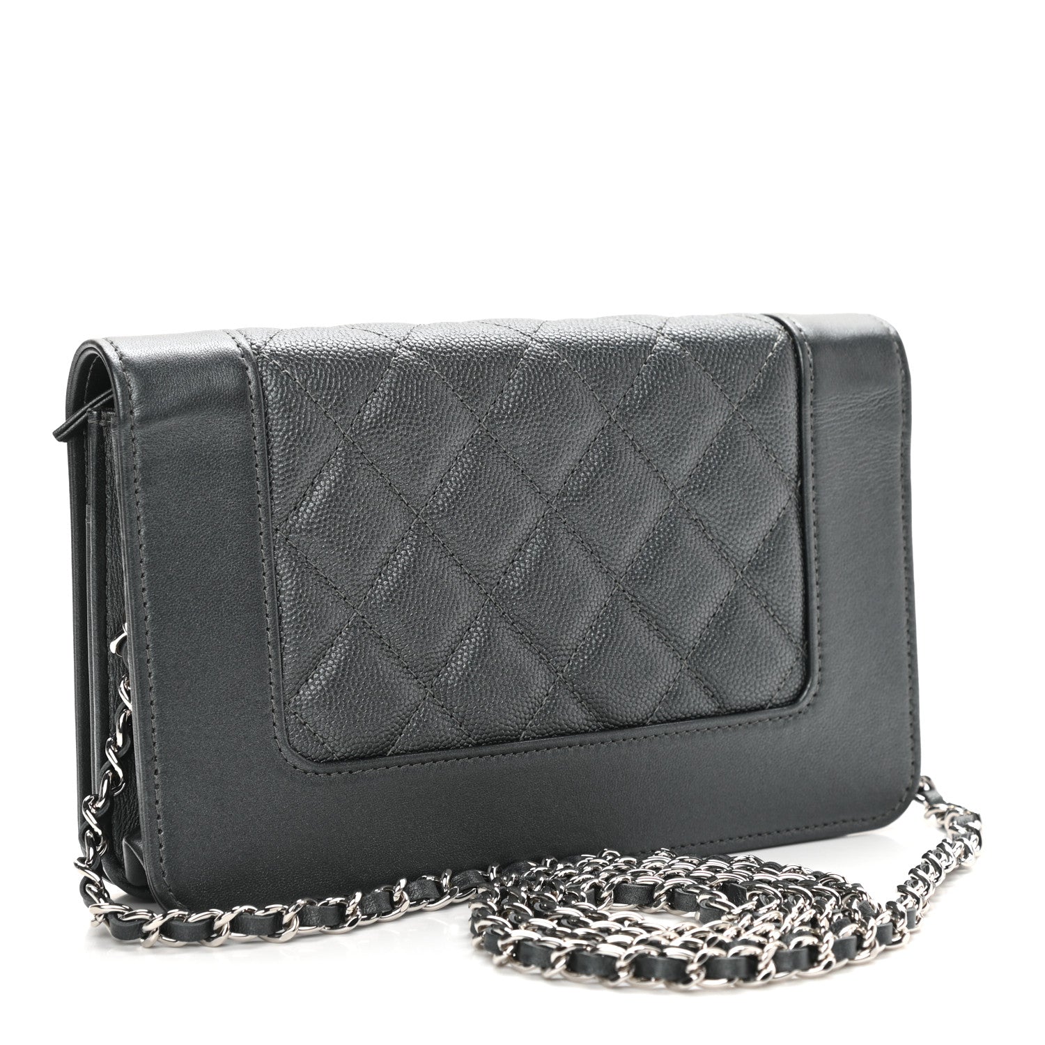 Chanel Metallic Caviar Chevron Quilted Vintage Mademoiselle Wallet On Chain WOC Charcoal 3 of 12