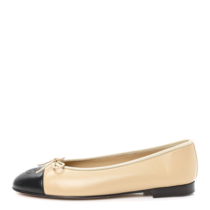 Chanel Lambskin Cap Toe CC Ballerina Flats 39.5 Beige Black 1 of 10