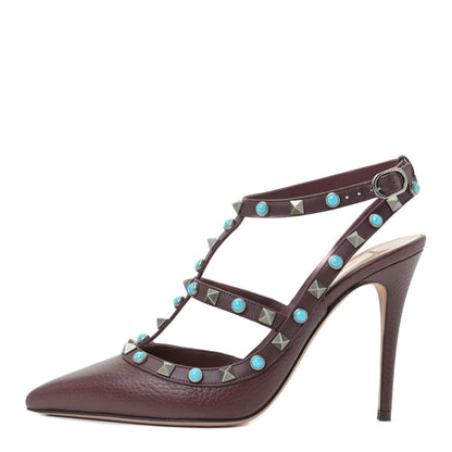 Valentino Garavani Pebbled Calfskin Turquoise Rockstud Rolling Ankle Strap 100mm Pumps 37.5 Rubin 1 of 12