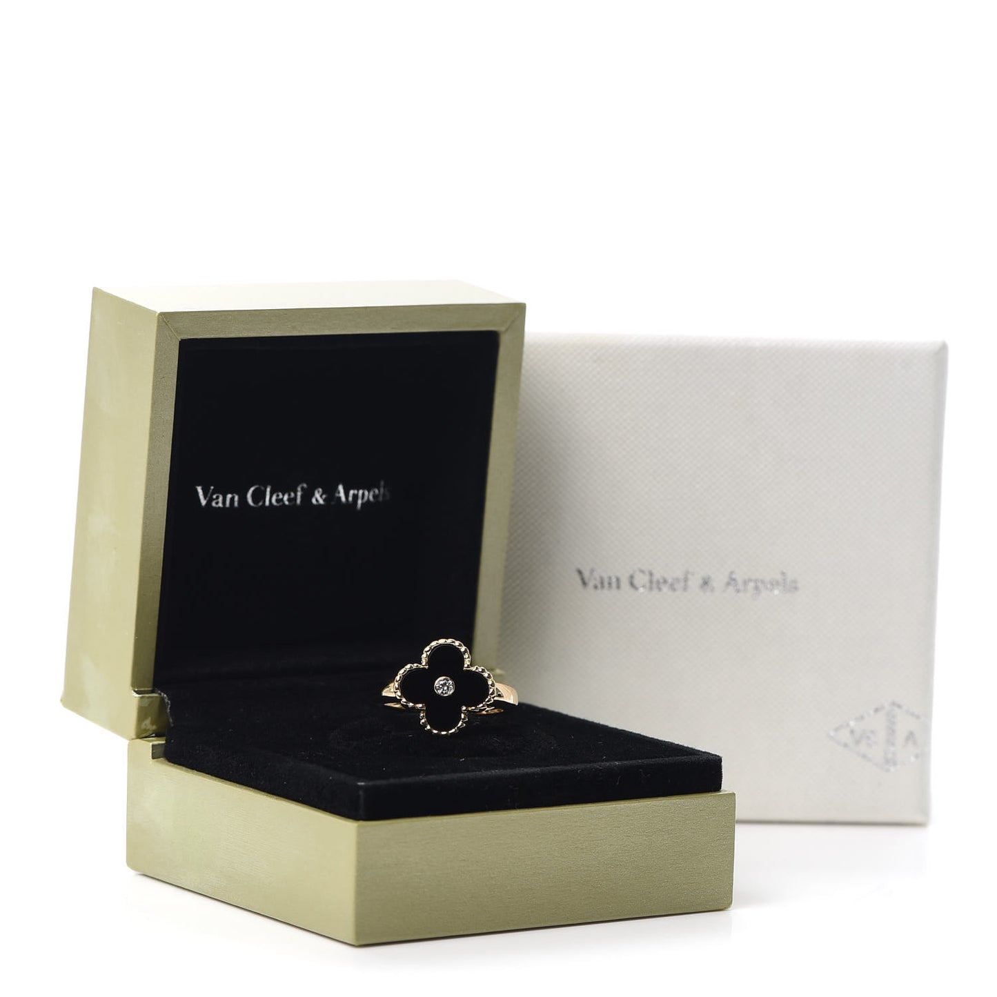 18K Yellow Gold Diamond Black Onyx Vintage Alhambra Ring 55 7.25
