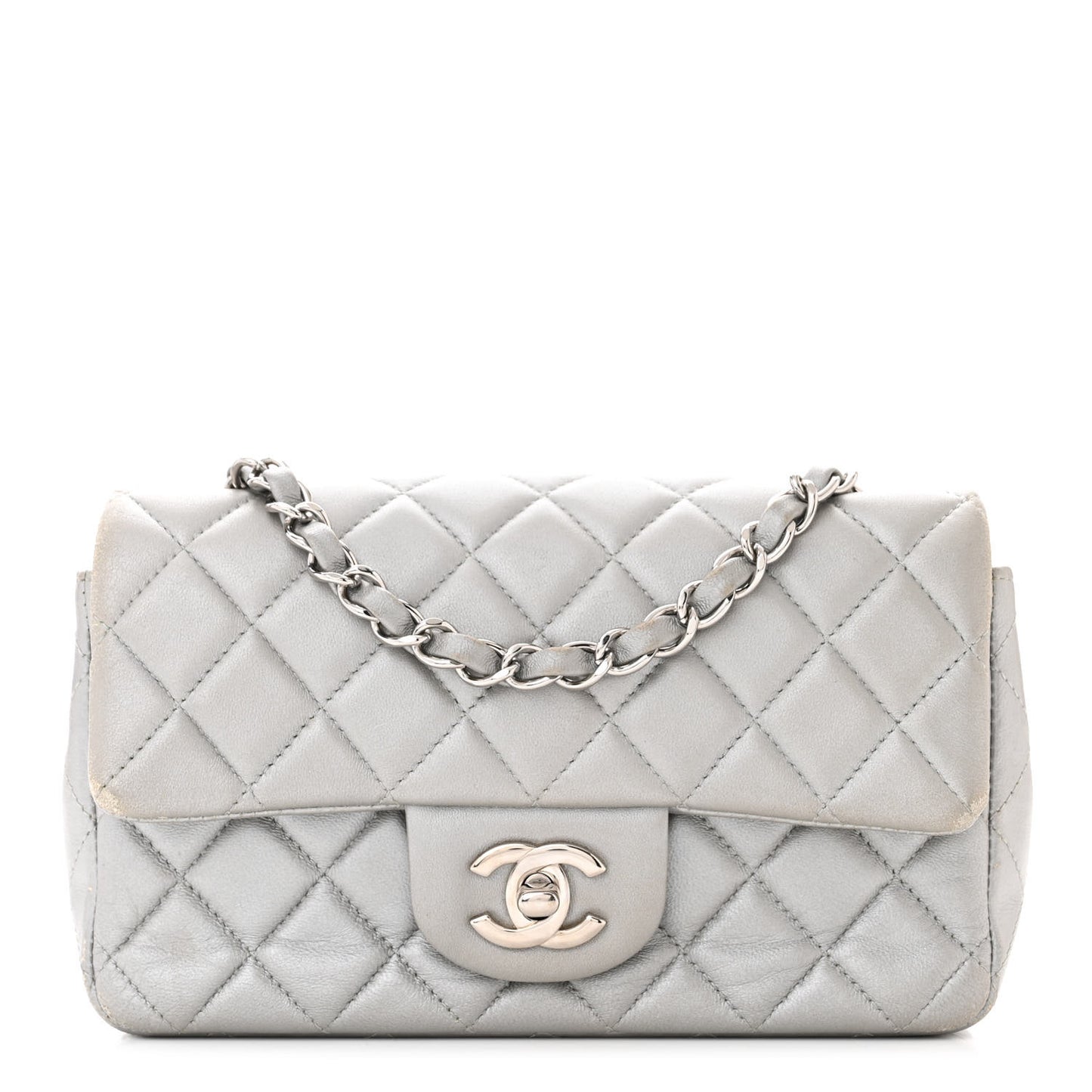 Metallic Lambskin Quilted Mini Rectangular Flap Silver