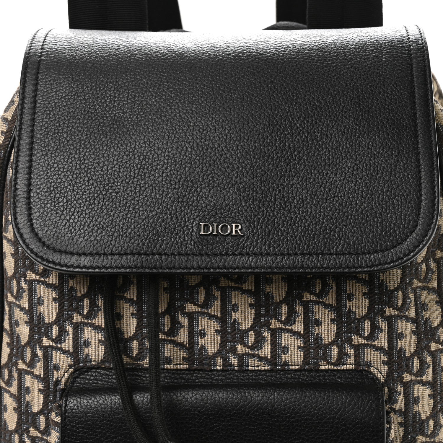 Christian Dior Oblique Jacquard Grained Calfskin Drawstring Saddle Backpack Beige Black 8 of 11