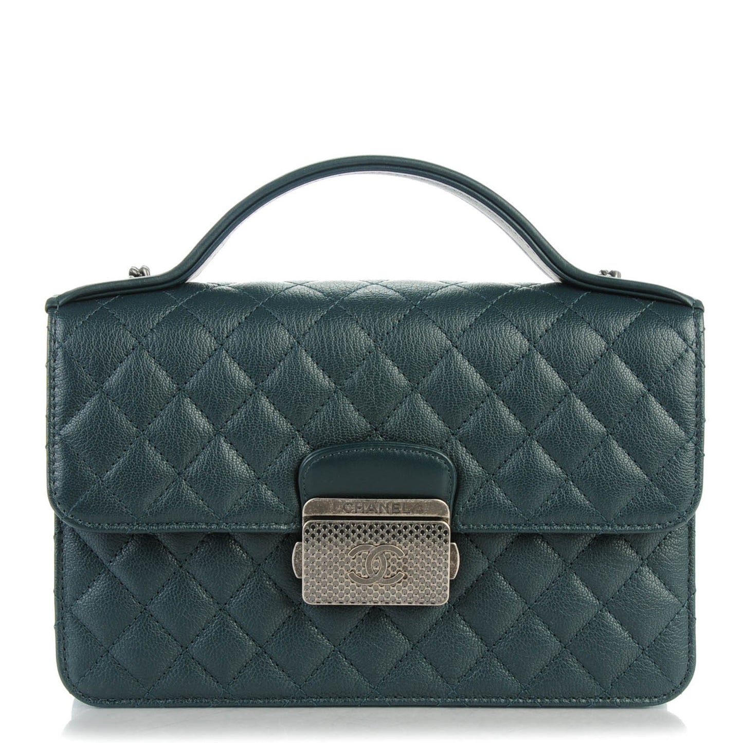 Goatskin Quilted Small CC University Top Handle Flap Dark Green