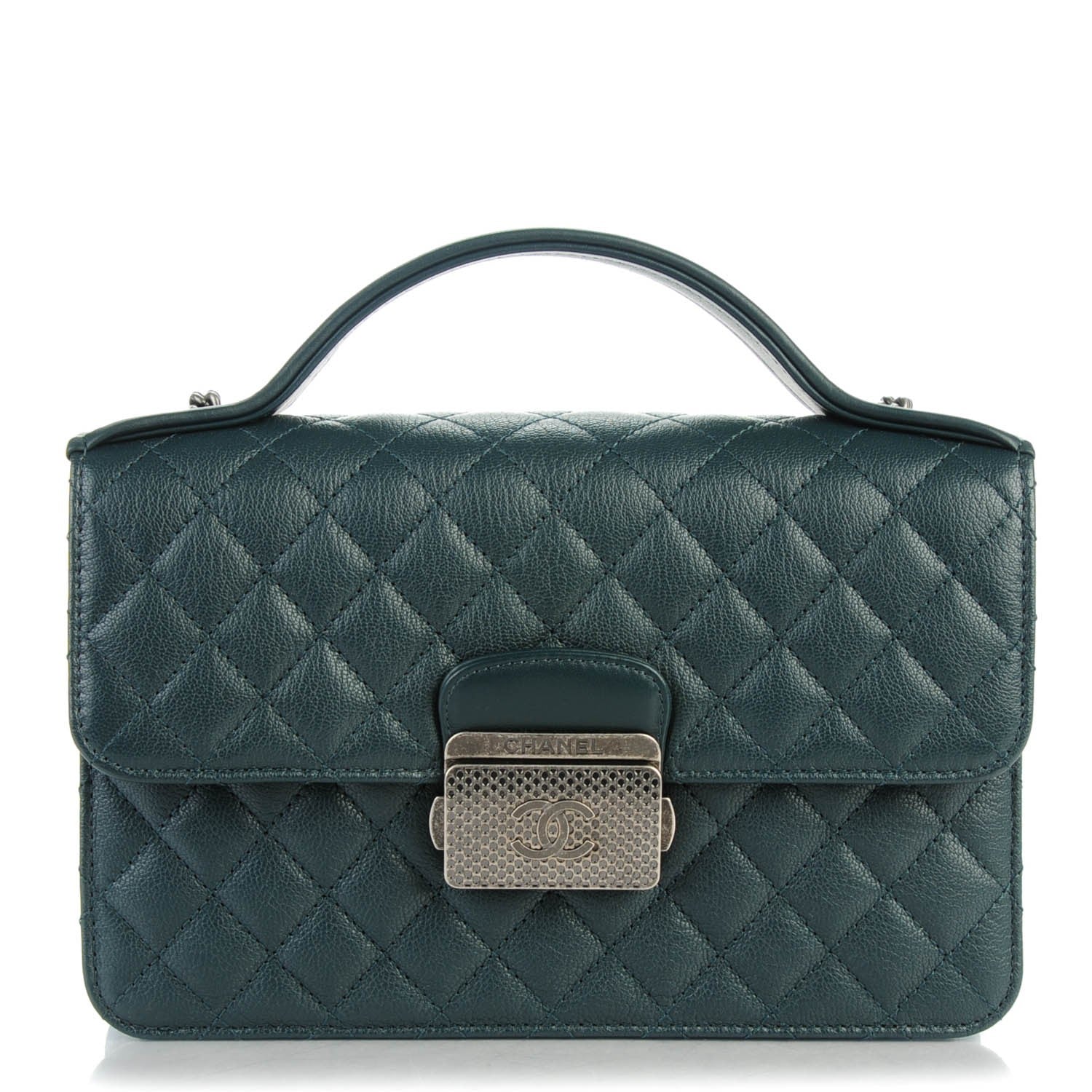 Chanel Goatskin Quilted Small CC University Top Handle Flap Dark Green 1 of 7