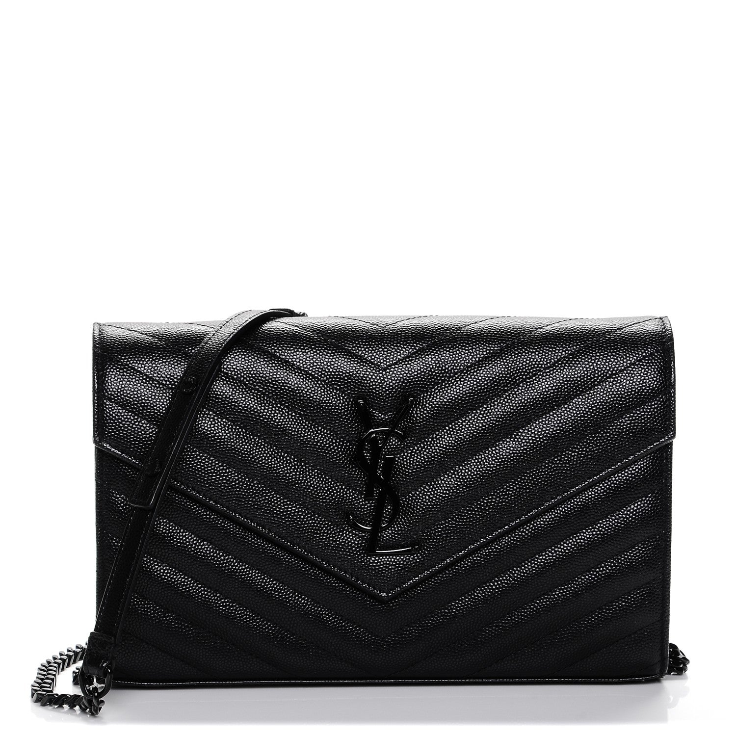 Saint Laurent Grain De Poudre Matelasse Chevron Monogram Chain Wallet Black 1 of 7