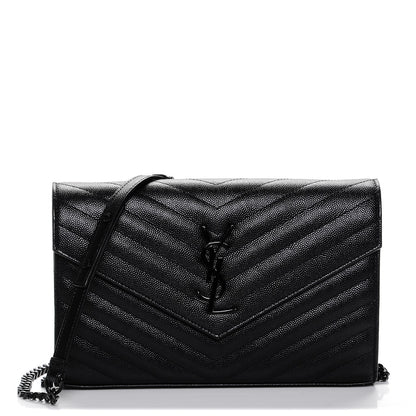 Saint Laurent Grain De Poudre Matelasse Chevron Monogram Chain Wallet Black 1 of 7