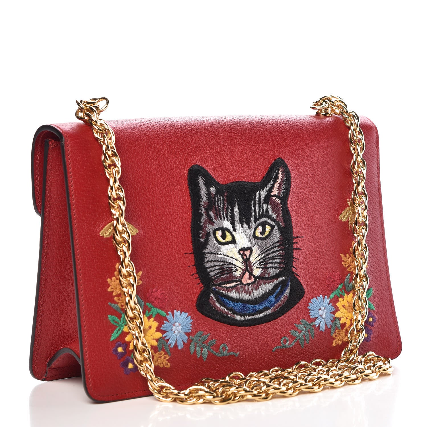 Gucci Textured Calfskin Embroidered Small Shoulder Bag Hibiscus Red Multicolor 3 of 10