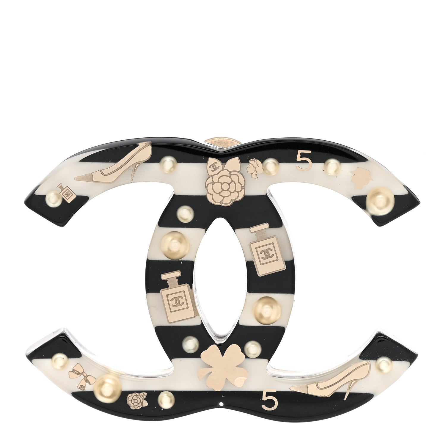 Chanel Resin Pearl Enamel Striped CC Brooch Black White 1 of 5