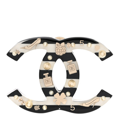Chanel Resin Pearl Enamel Striped CC Brooch Black White 1 of 5