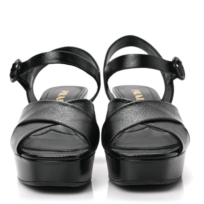 Prada Vernice Saffiano Embossed Crisscross Platform 20/65mm Sandals 36 Black 2 of 8