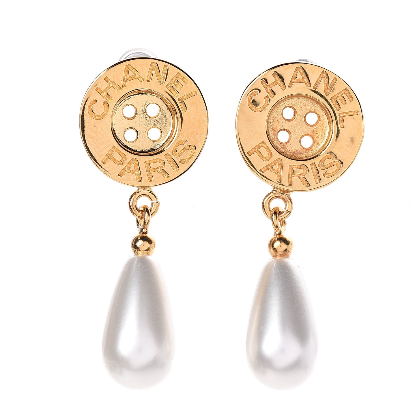 Metal Pearl Paris Button Drop Earrings Gold