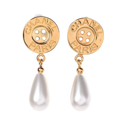 Chanel Metal Pearl Paris Button Drop Earrings Gold 1 of 4