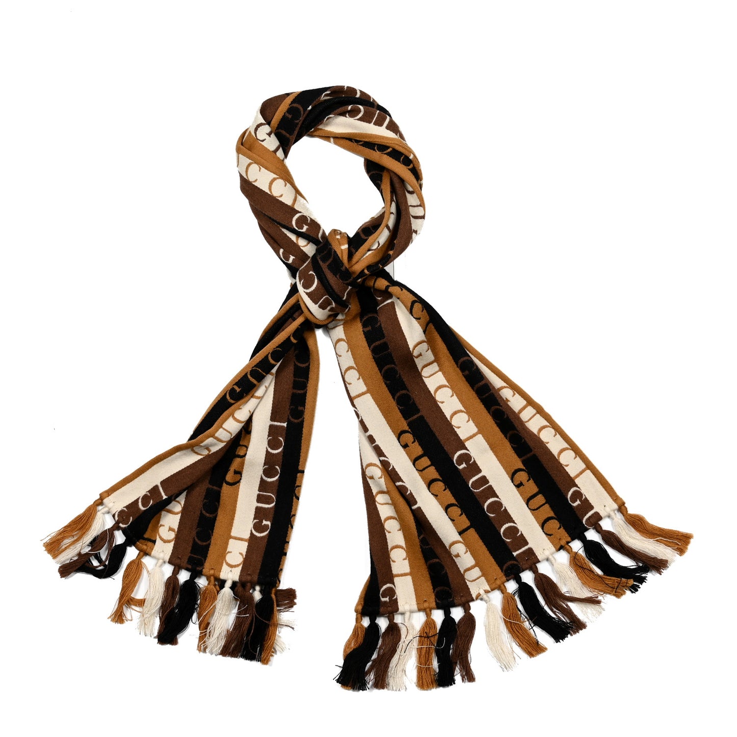Wool Cotton Logo Wood Stripes Scarf Light Brown Dark Brown