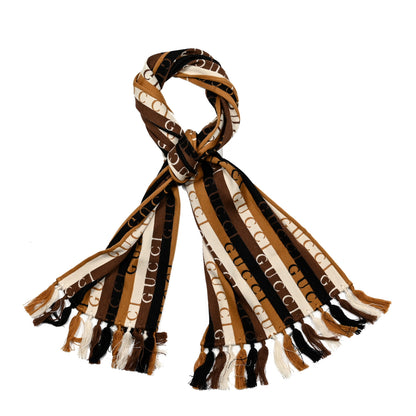 Gucci Wool Cotton Logo Wood Stripes Scarf Light Brown Dark Brown 1 of 5