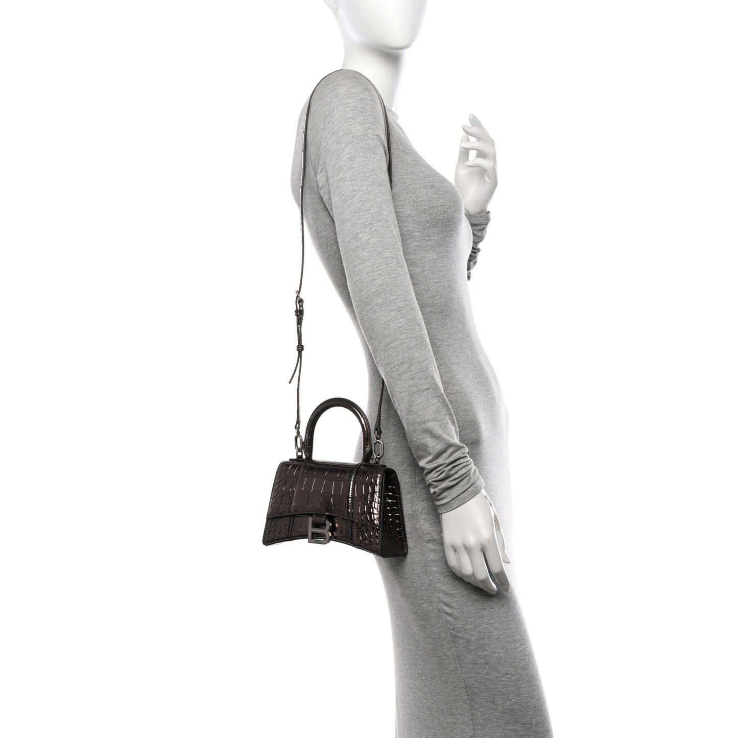 Metallic Shiny Calfskin Crocodile Embossed Hourglass Top Handle Bag XS Dark Bronze