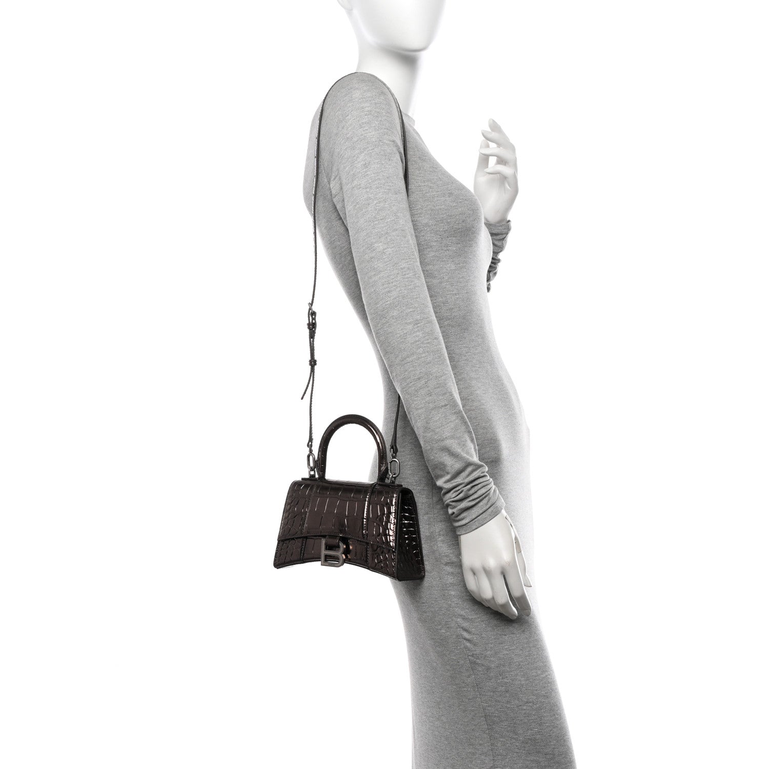 Balenciaga Metallic Shiny Calfskin Crocodile Embossed Hourglass Top Handle Bag XS Dark Bronze 3 of 11