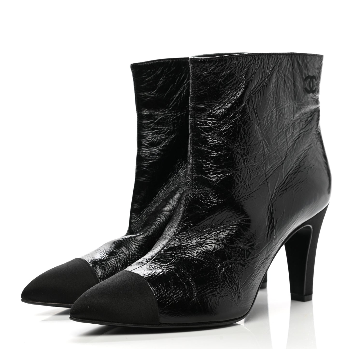 Crumpled Calfskin Satin Cap Toe Short Ankle Boots 39.5 Black