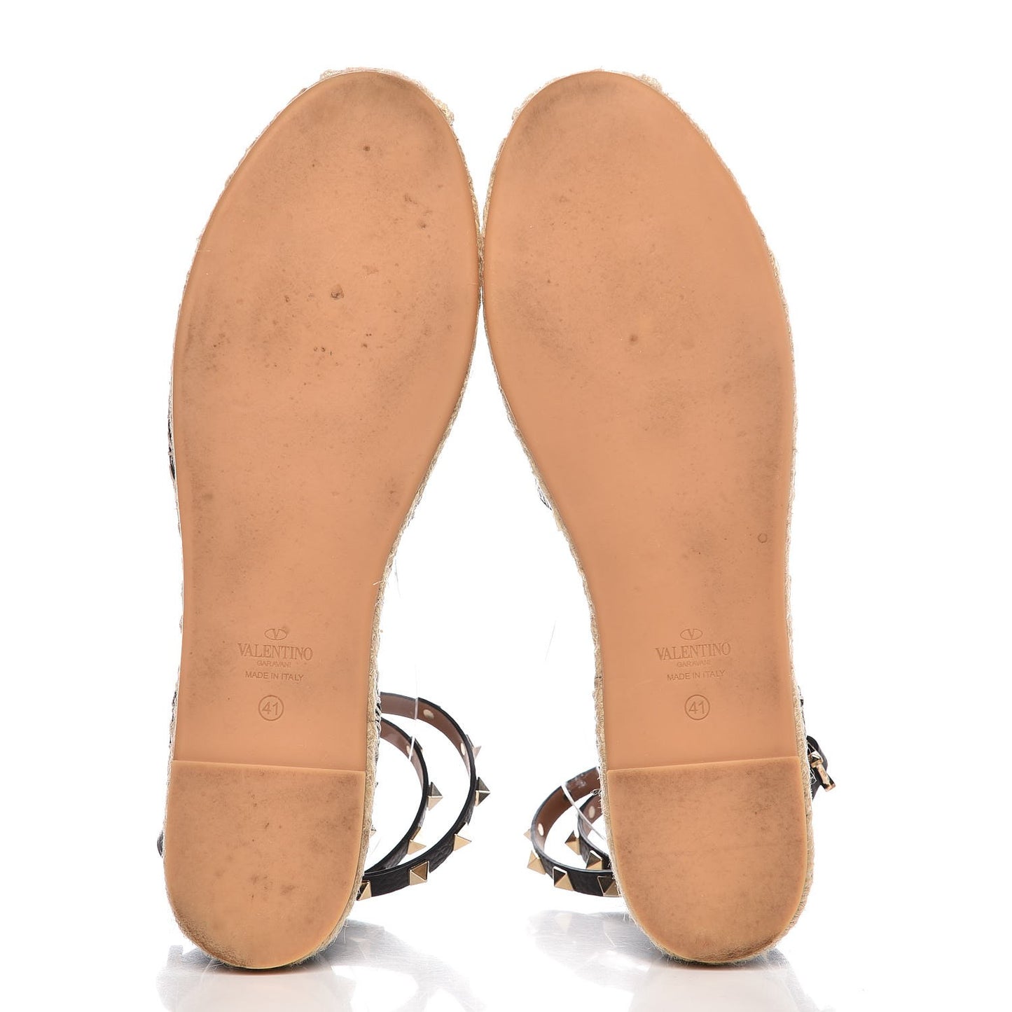 Grained Calfskin Rockstud Ankle Wrap Espadrille 20mm Flats 41 Black Light Cuir Natural