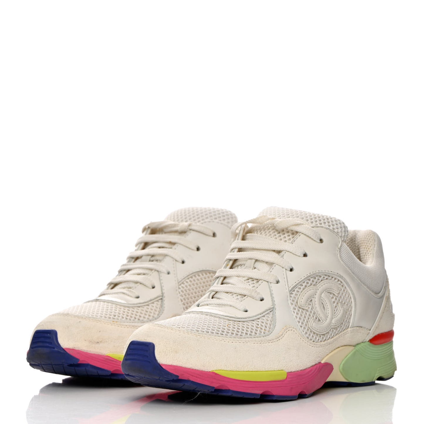 Suede Calfskin CC Sneakers 37 White Pink Green