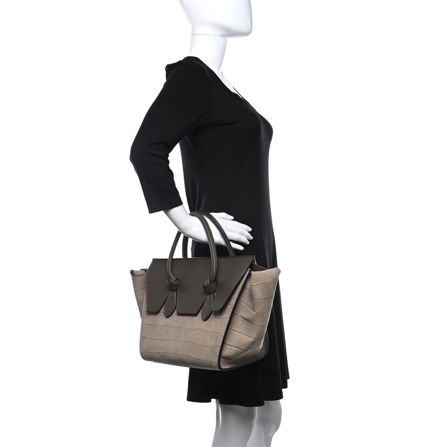 Crocodile Embossed Nubuck Calfskin Small Tie Knot Tote Grey