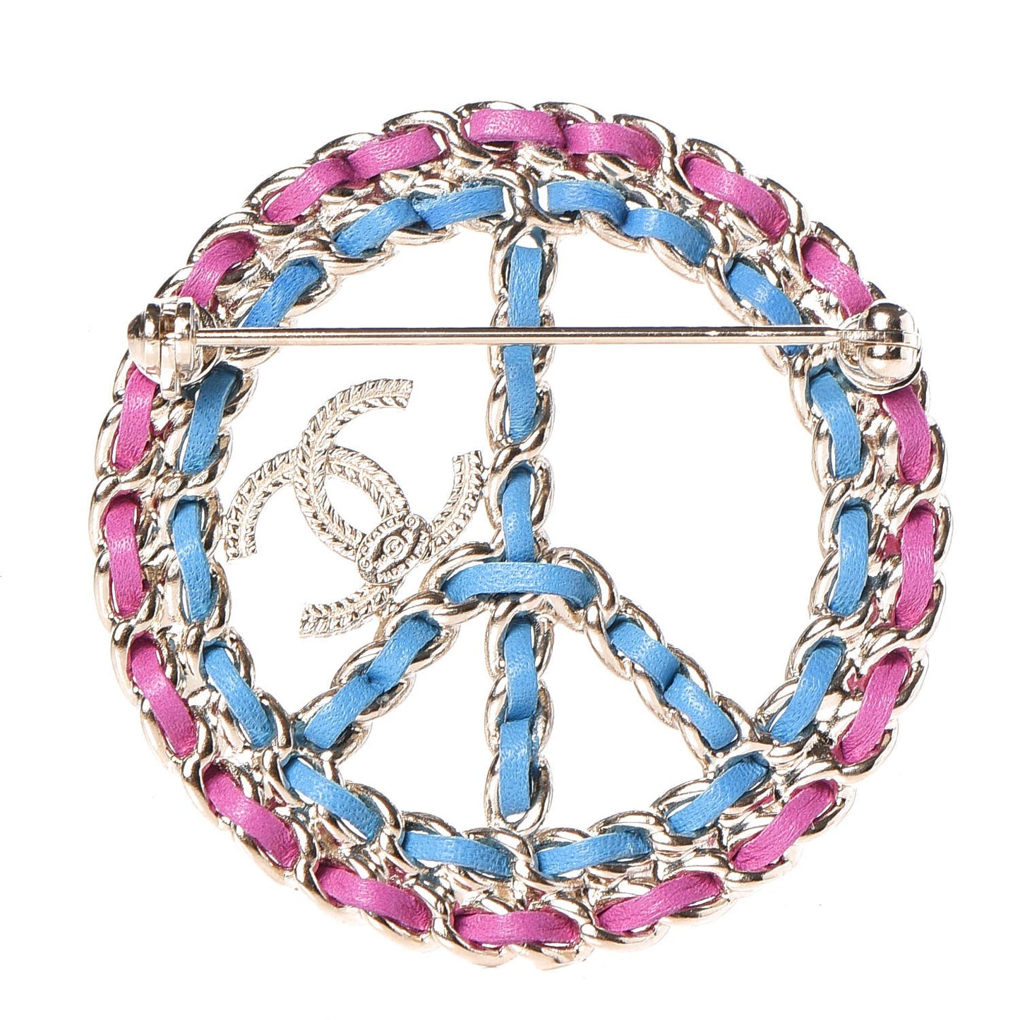 Metal Calfskin Chain Peace Sign CC Brooch Blue Purple Gold
