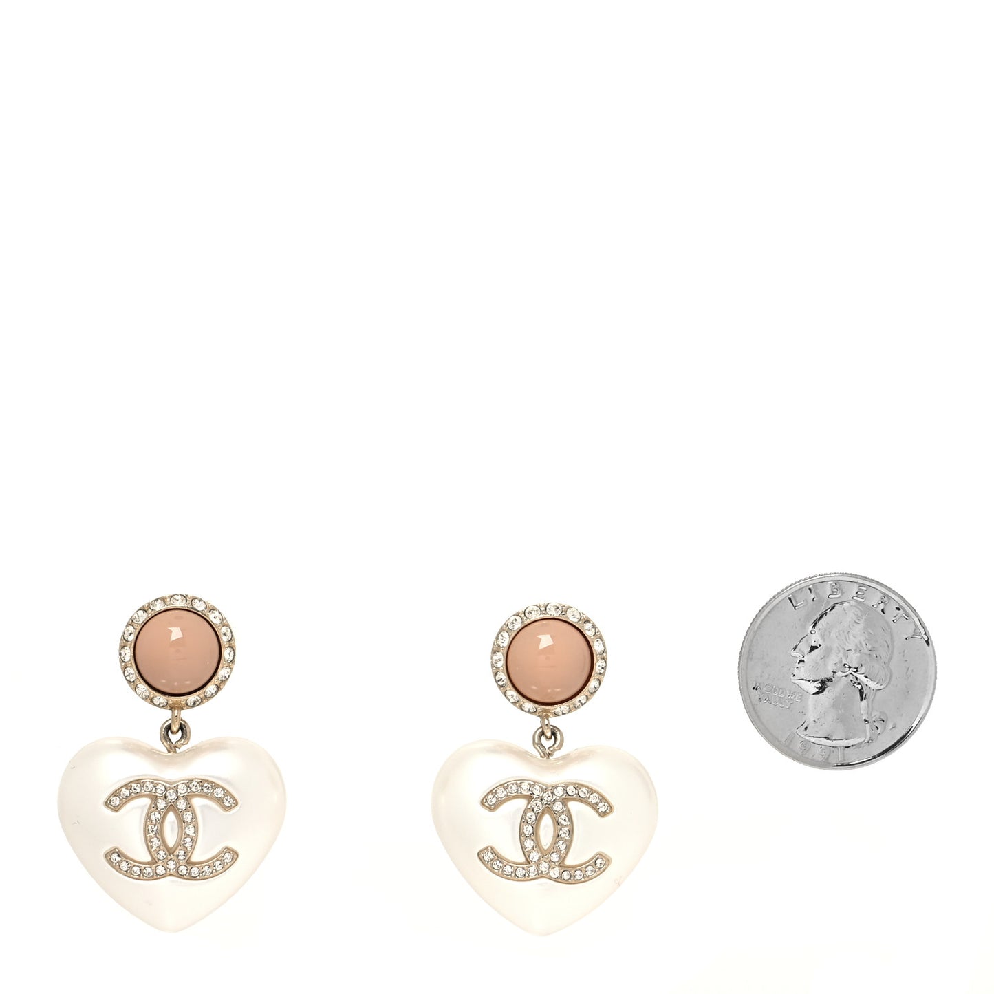 Pearl Resin Crystal CC Heart Drop Earrings Pink Gold