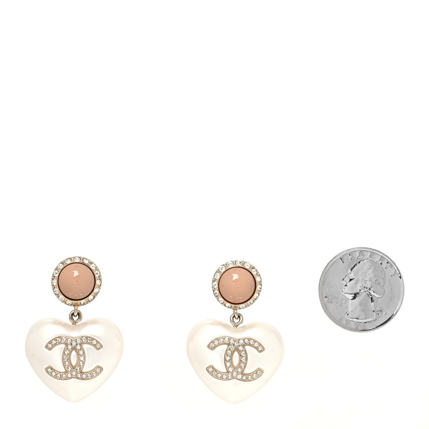 Chanel Pearl Resin Crystal CC Heart Drop Earrings Pink Gold 2 of 4