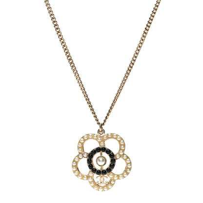 Chanel Crystal Pearl Camellia Necklace Gold Black 1 of 6