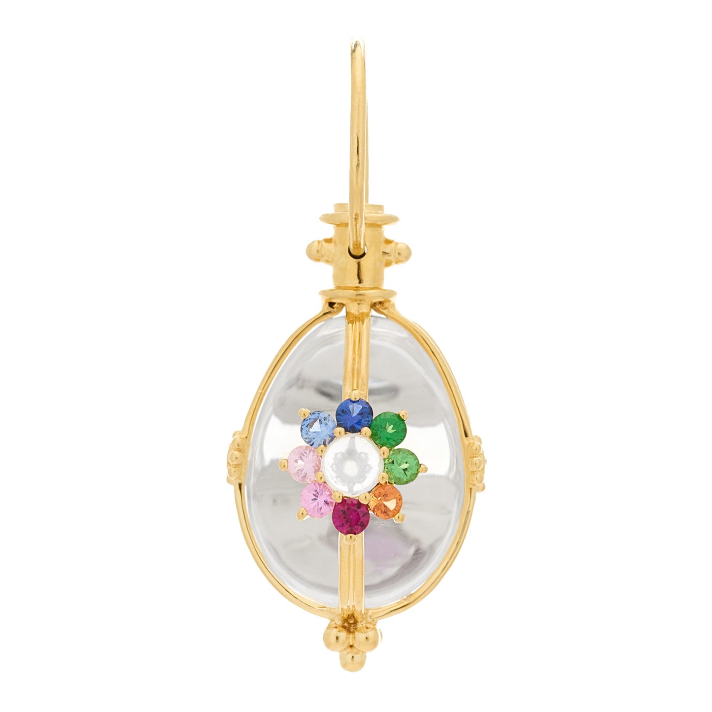 18K Yellow Gold Diamond Rock Crystal Multi Gemstone Floral Amulet Pendant