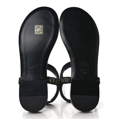 Chanel Lambskin Embroidered CC Thong Sandals 37 Black 5 of 9