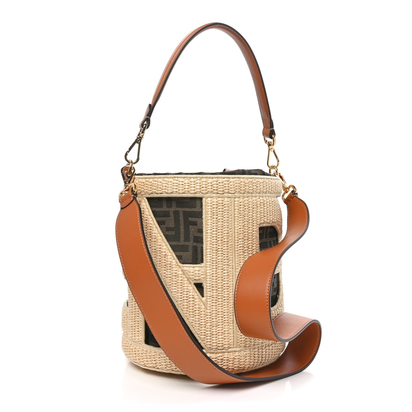 Paglia Chicco Riso Fabric Jacquard FF 1974 Vitello Grace Mini Step Out Bucket Bag Alchemy Tabacco Brandy