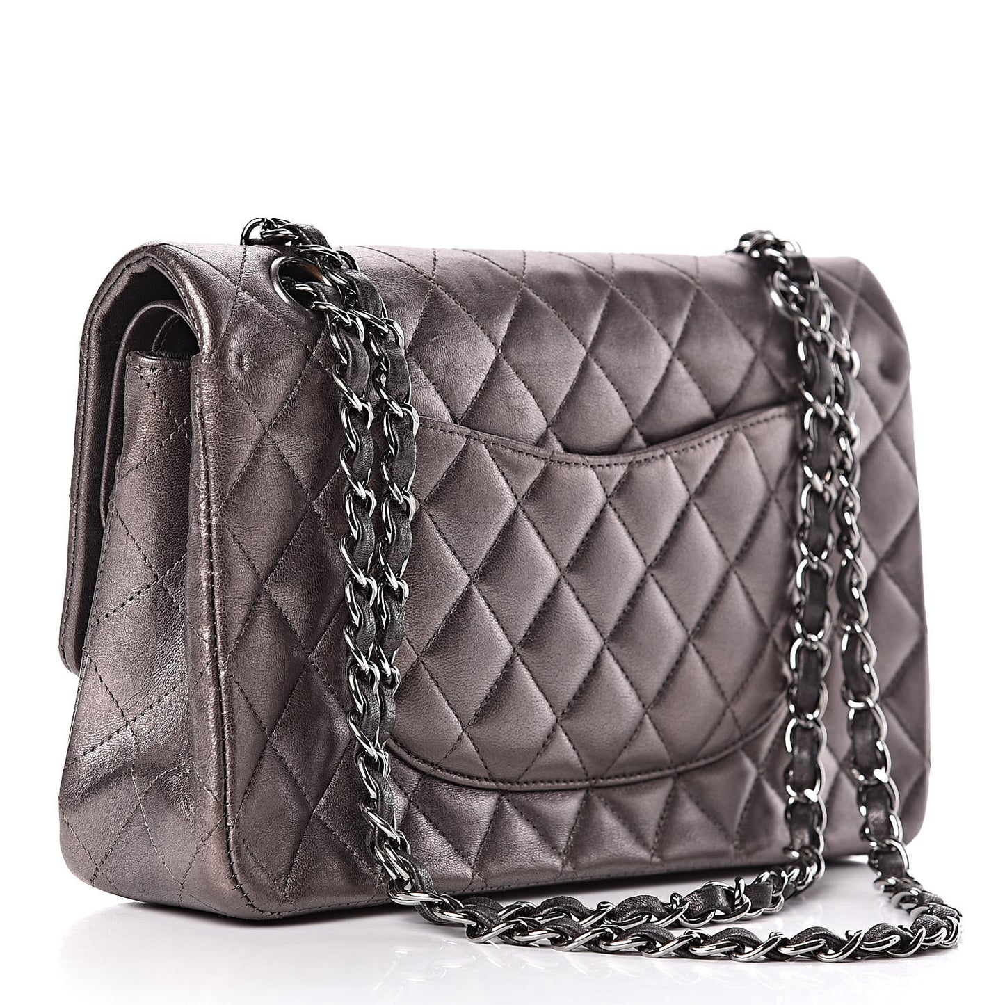 Metallic Lambskin Quilted Medium Double Flap Dark Grey