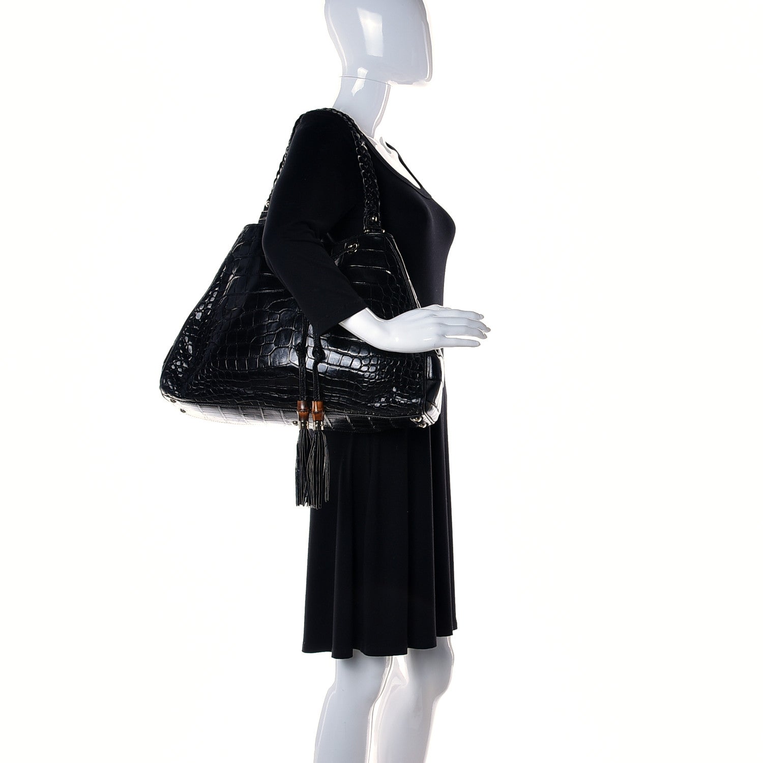 Gucci Crocodile Peggy Braided Tote Black 2 of 12