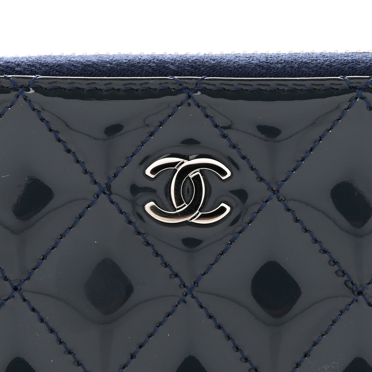 Patent Calfskin Quilted Large Gusset Zip Around Wallet Blue