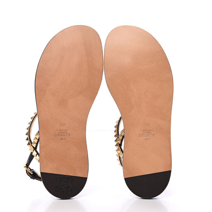 Valentino Garavani Calfskin Rockstud No Limit Slingback Flat Thong Sandals 36.5 Black Gold 5 of 7
