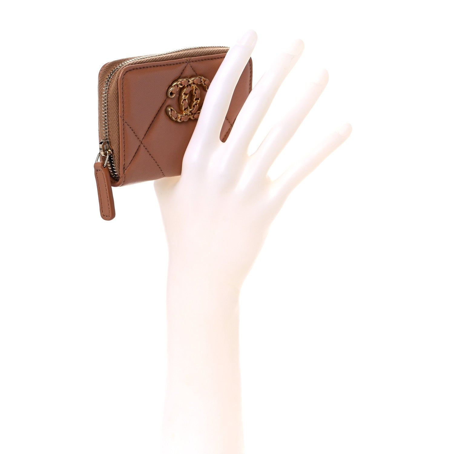 Chanel Lambskin Quilted Chanel 19 Zip Around Coin Purse Wallet Brown 2 of 9
