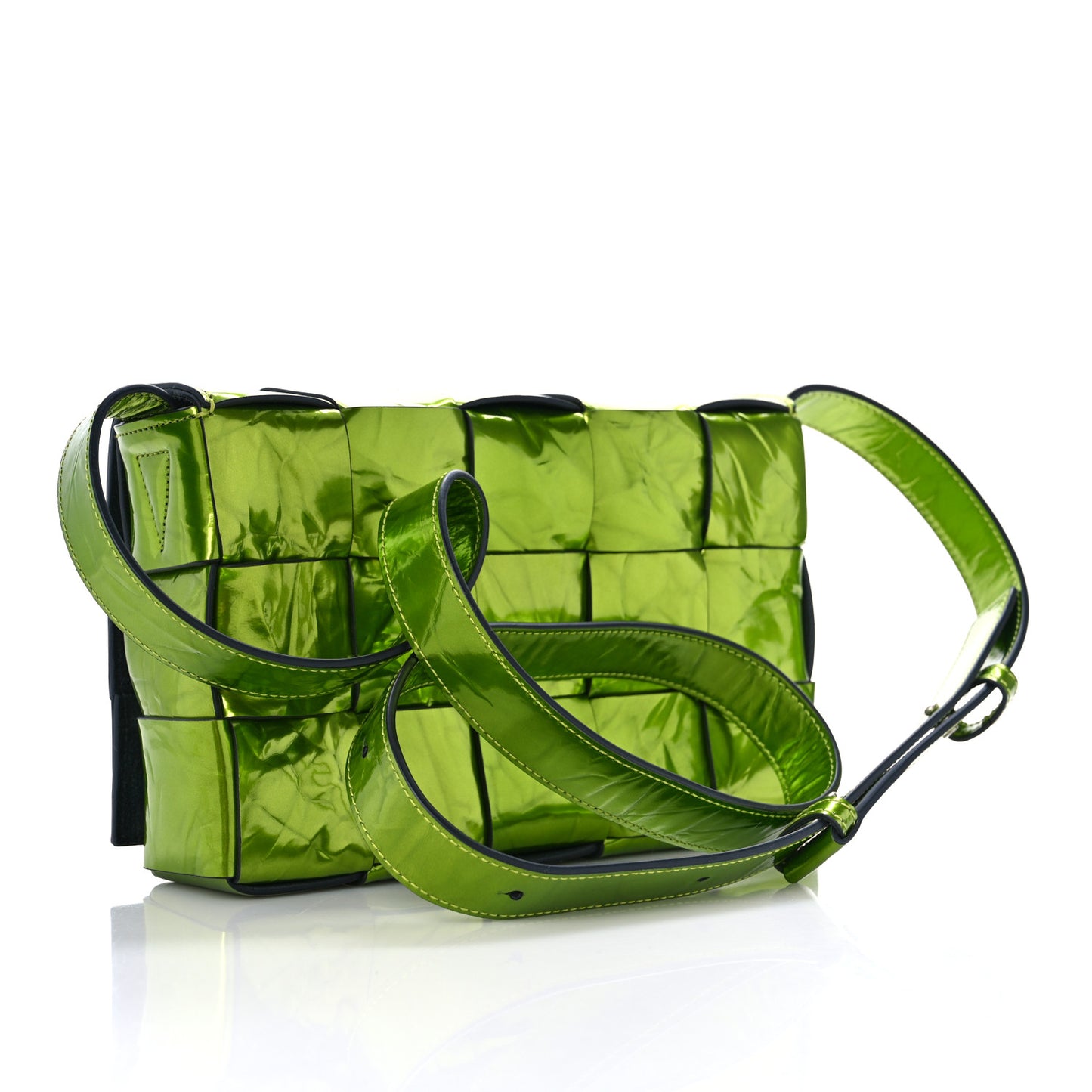 Metallic Crushed Calfskin Maxi Intrecciato Cassette Crossbody Bag Chlorophyll
