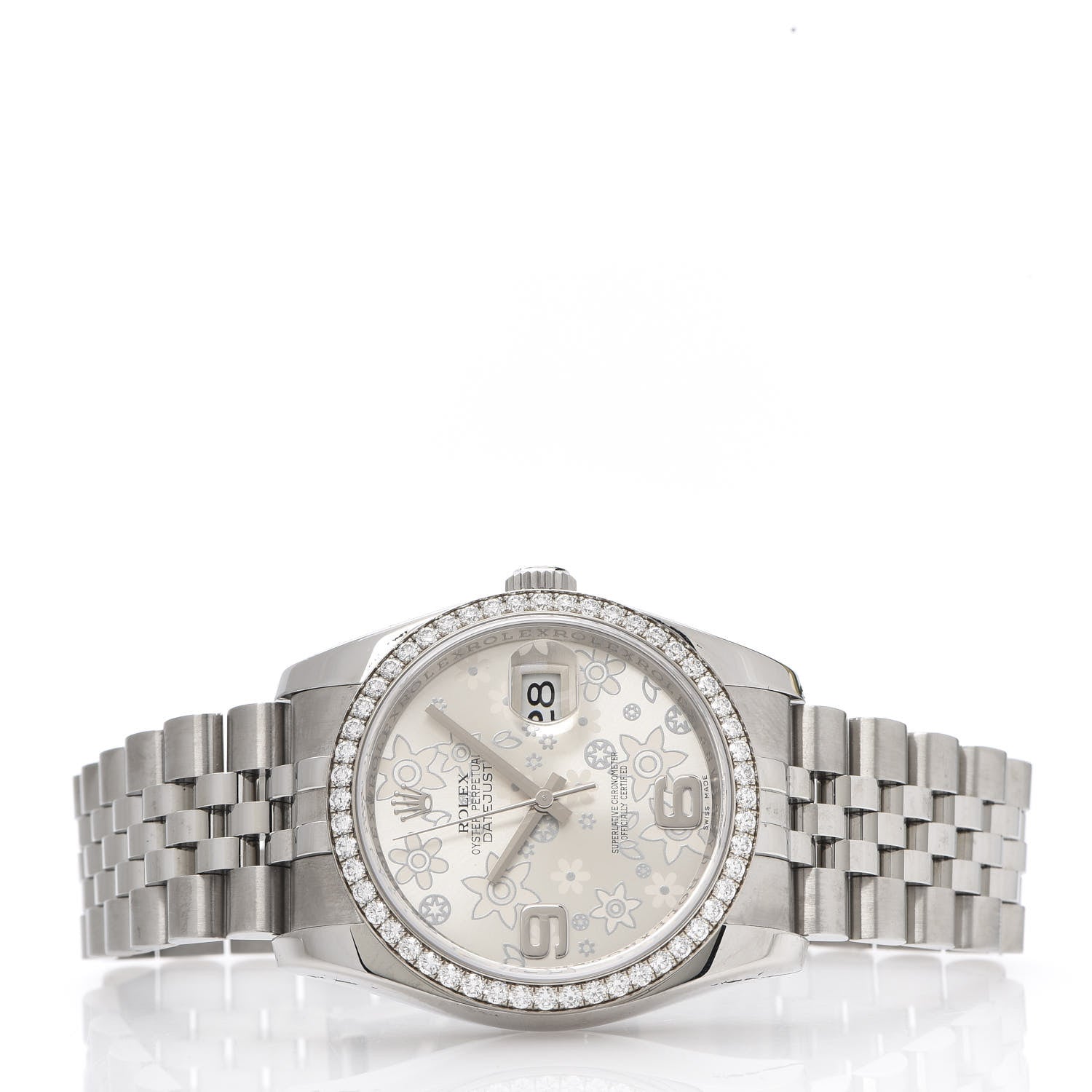 Rolex Stainless Steel 18K White Gold Diamond 36mm Oyster Perpetual Datejust Watch Silver Flowers 118244 3 of 9