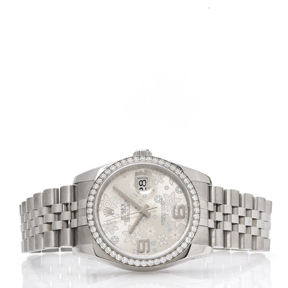 Rolex Stainless Steel 18K White Gold Diamond 36mm Oyster Perpetual Datejust Watch Silver Flowers 118244 3 of 9