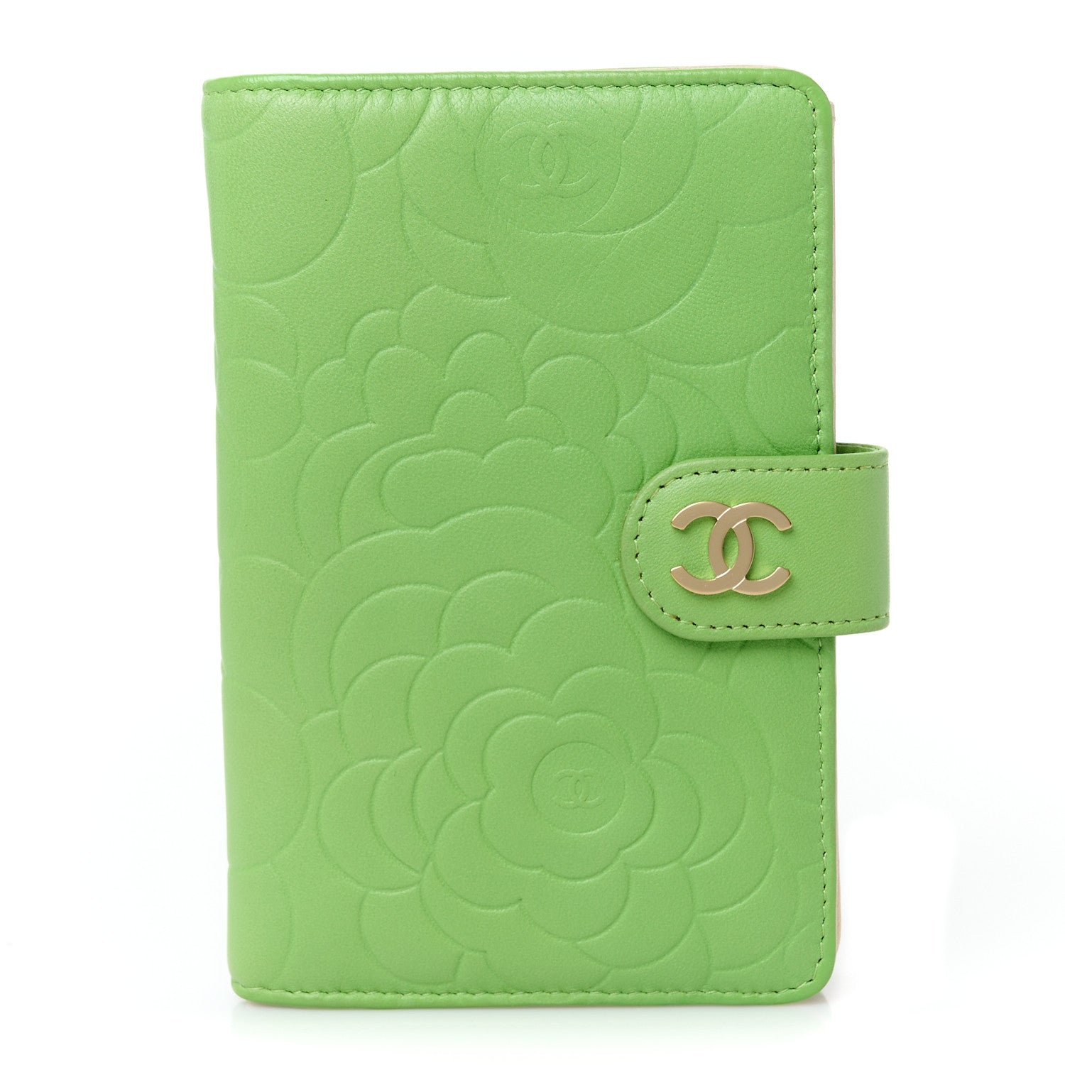 Chanel Lambskin Camellia Embossed Zipped Pocket Wallet Green 1 of 12