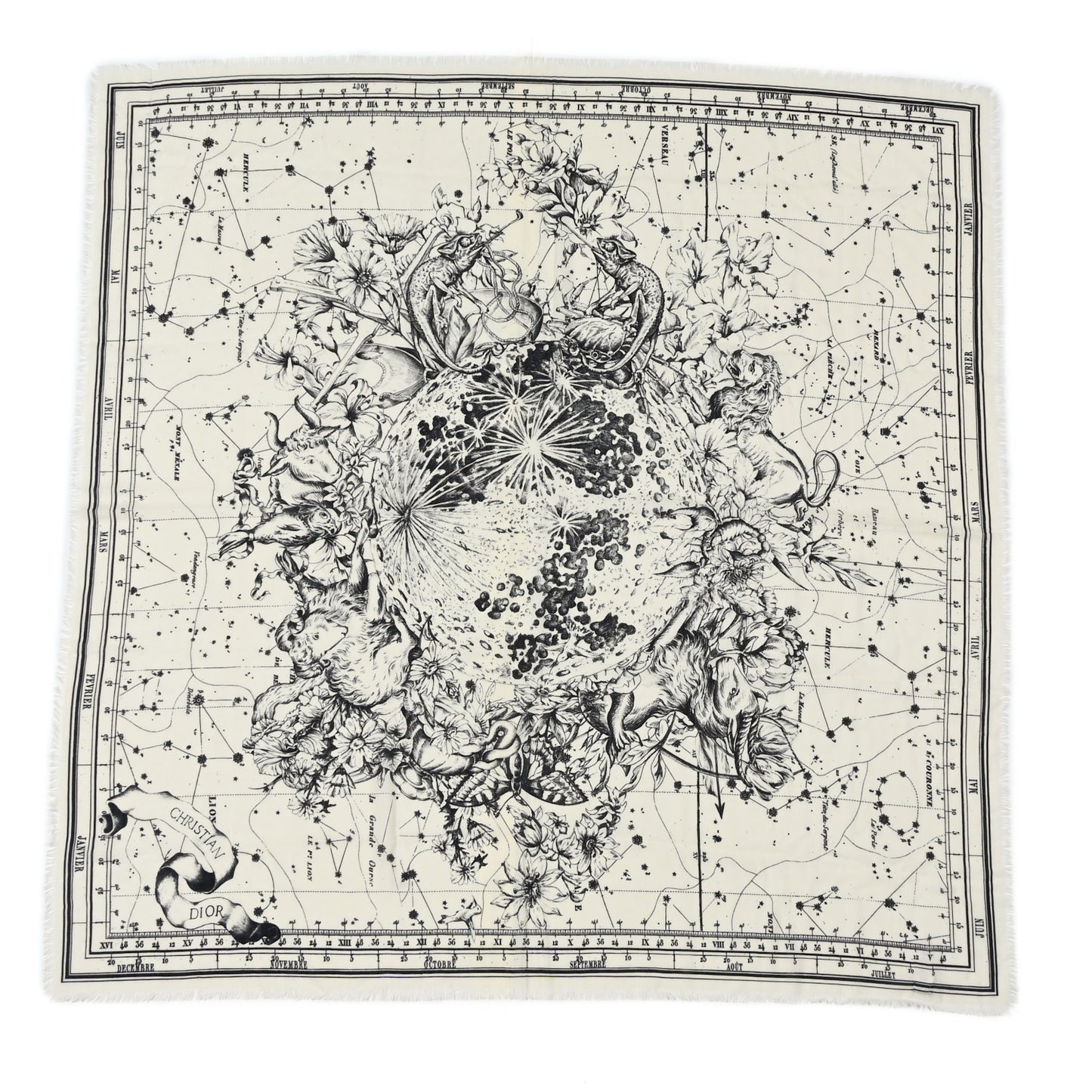 Wool Silk Cashmere Zodiac Shawl White Black