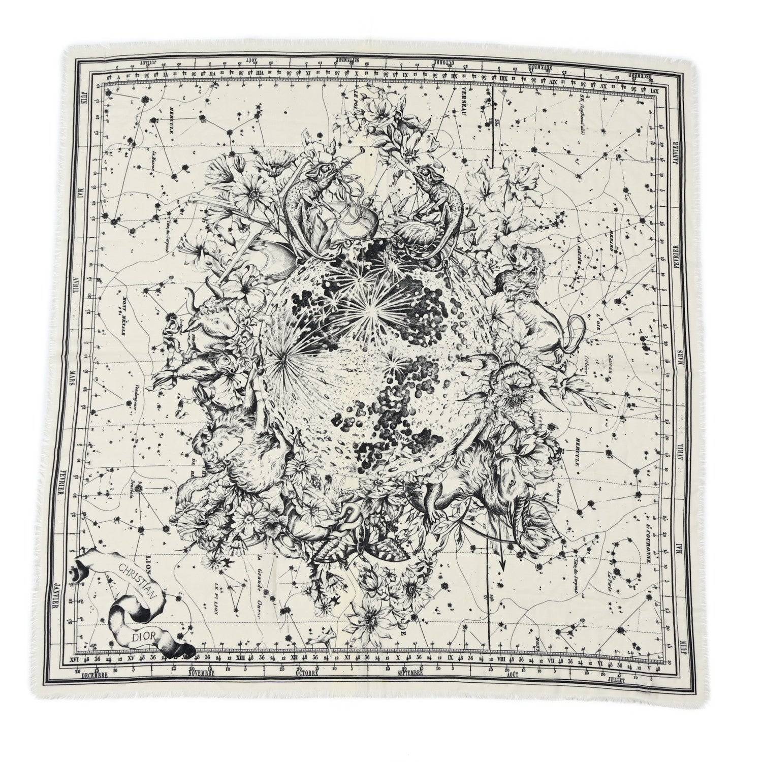 Christian Dior Wool Silk Cashmere Zodiac Shawl White Black 1 of 4